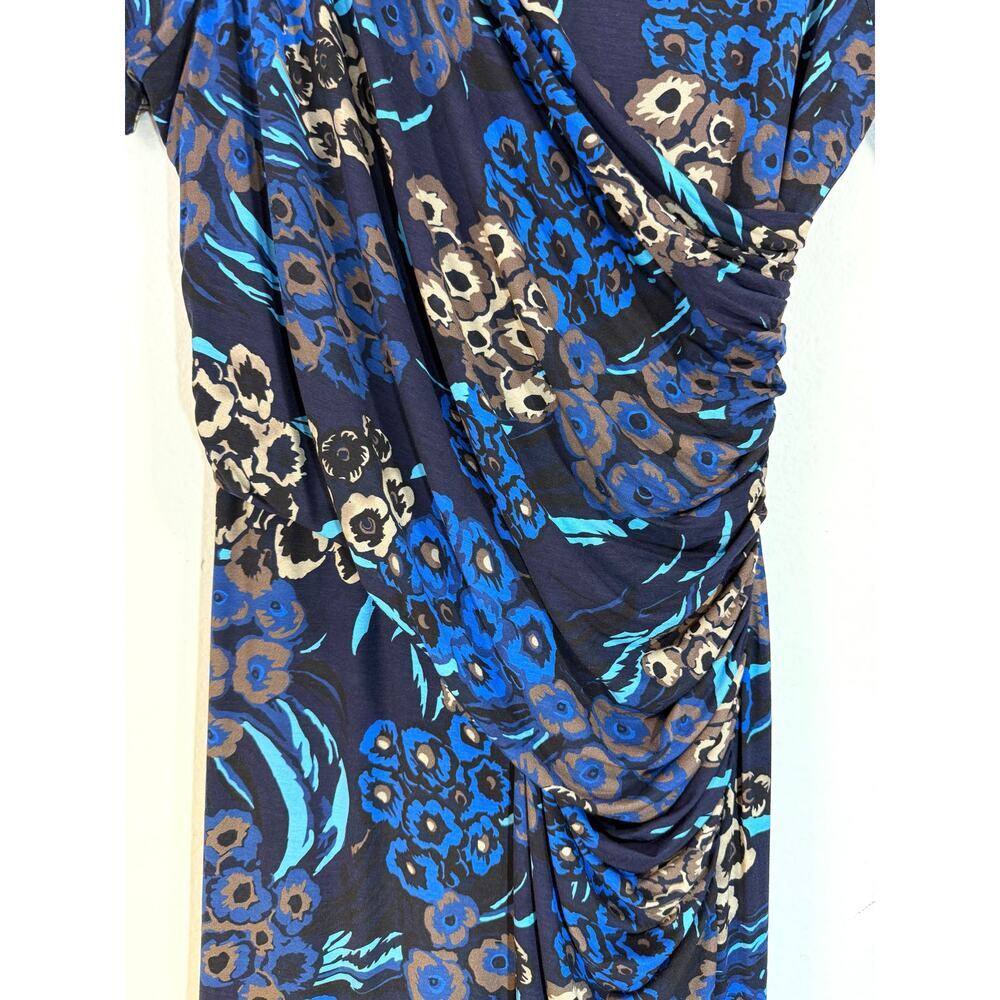 BOSS Hugo Boss Blue Multicolor Floral Midi Wrap Dress V-Neck Short Sleeve Sz M - Picture 7 of 11